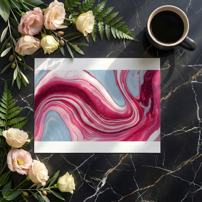 A stylish home office with a dramatic liquid marble wallpaper providing a creative backdrop for a desk setup.