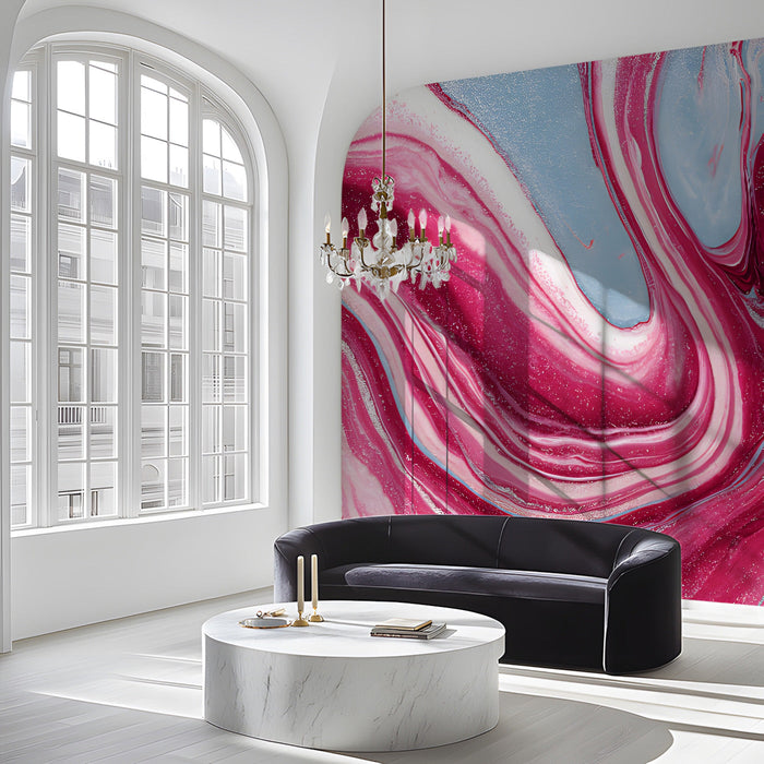 A modern hallway with colorful fluid art wallpaper creating a sophisticated and vibrant dining atmosphere.
