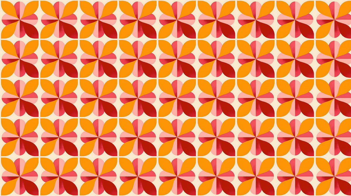 Repeating geometric 70s style flower pattern in ochre, orange, and crimson on cream