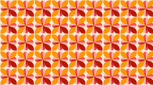 Repeating geometric 70s style flower pattern in ochre, orange, and crimson on cream