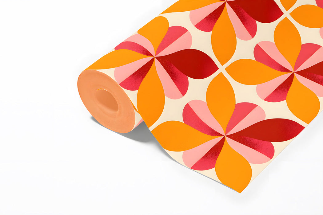 Bold floral grid pattern wallpaper in a vibrant, sunlit breakfast nook
