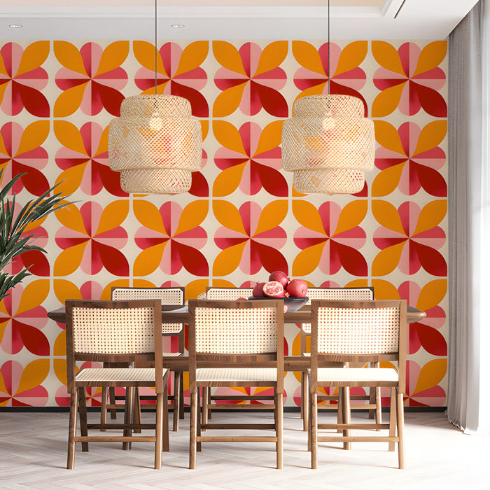 Fun and energetic geometric mural wallpaper applied in a creative dining room space