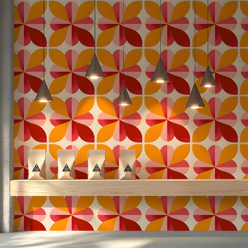 Retro geometric wallpaper installed as a feature wall in a mid-century modern shop