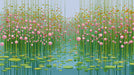 Abstract floating lotus flowers with green stems and lily pads on a soft blue background