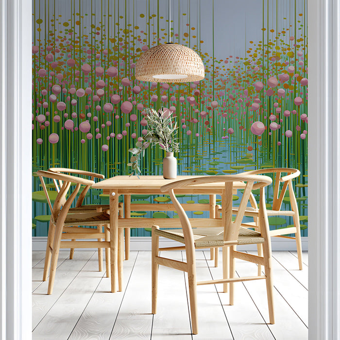 Nature inspired vertical stem wallpaper featured in a colorful dining room
