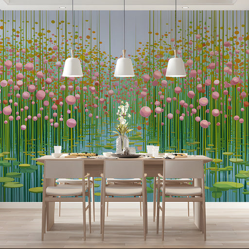 Floating lotus mural installed in a bright and airy dining room with light wood furniture