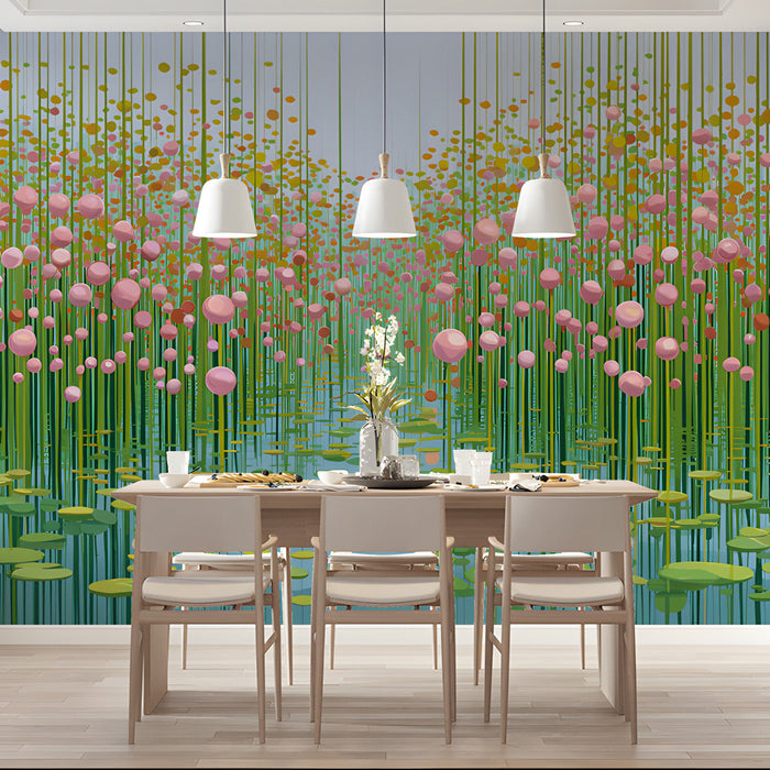 Floating lotus mural installed in a bright and airy dining room with light wood furniture