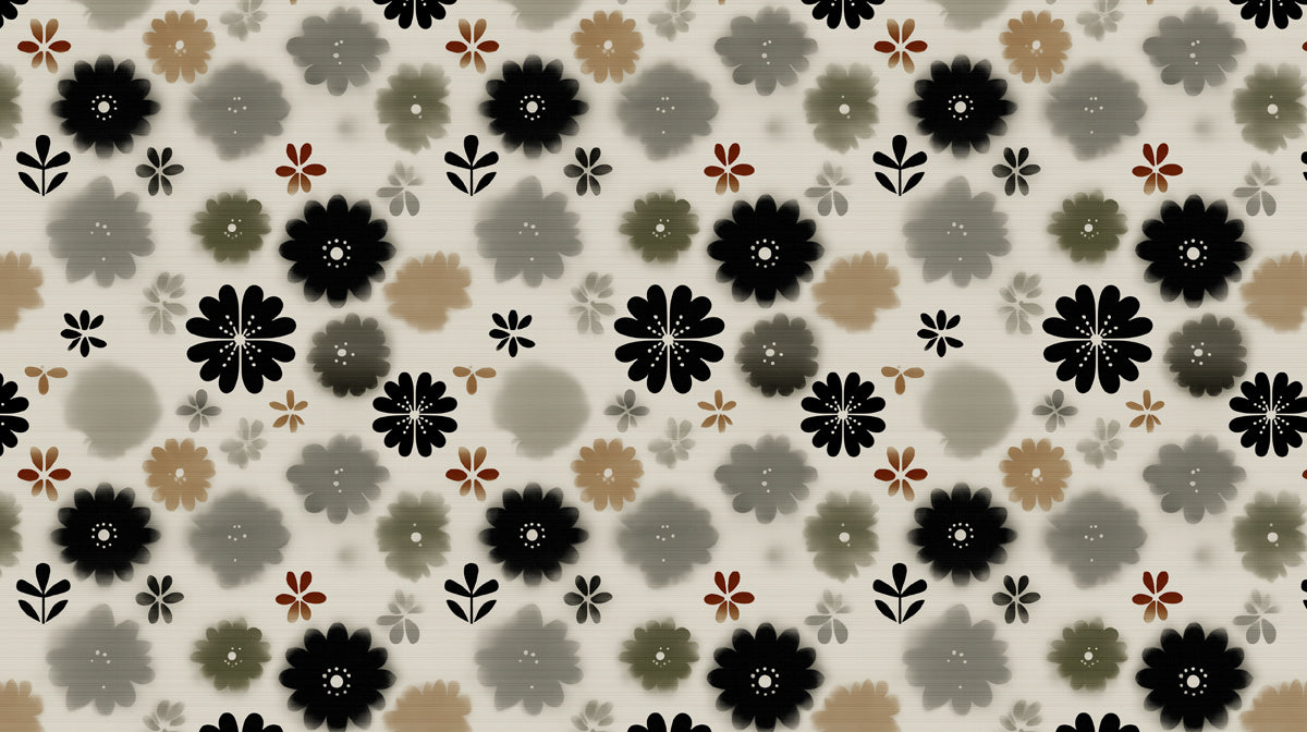 Floral wallpaper pattern with charcoal black and ochre flowers on cream background