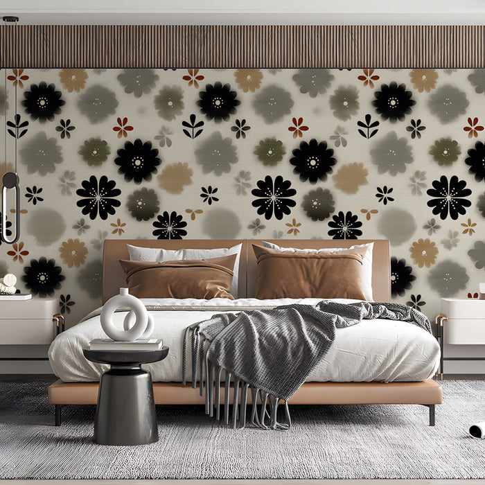 Scandinavian floral wallpaper styled behind a modern beige sofa in a bedroom