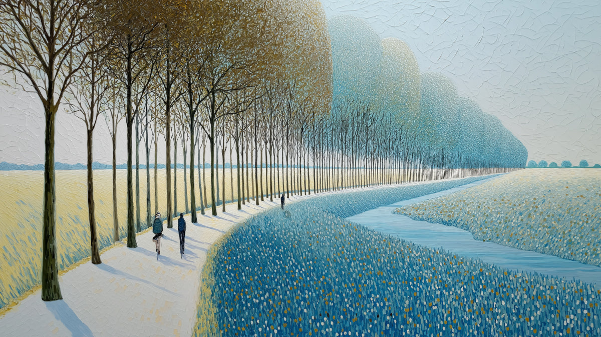 Painterly mural of a tree-lined path with blue foliage and golden leaves