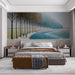 Soft landscape wall mural in a bright, modern minimalist bedroom