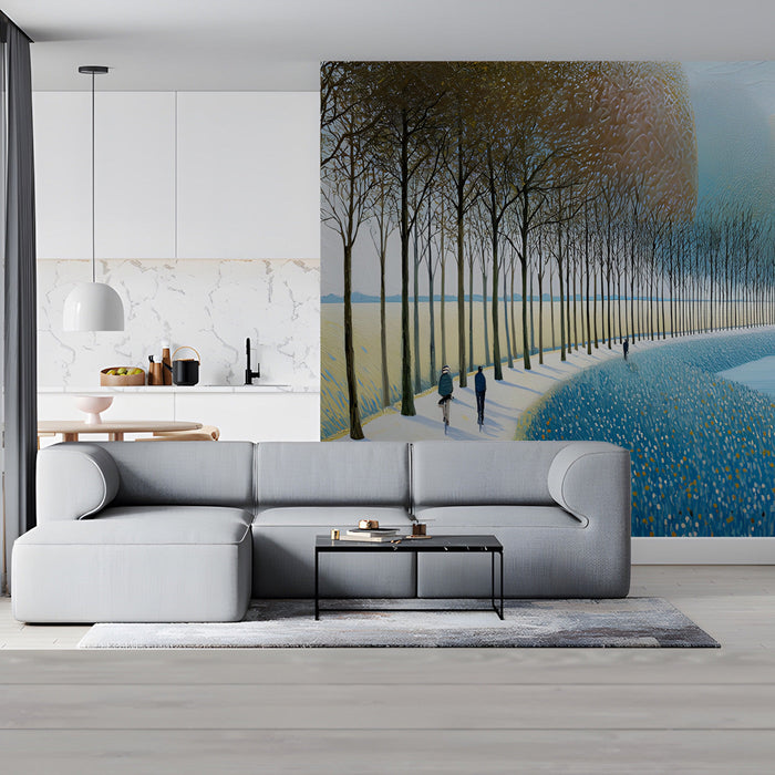 Impressionistic nature mural installed on a living room accent wall