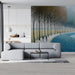 Impressionistic nature mural installed on a living room accent wall