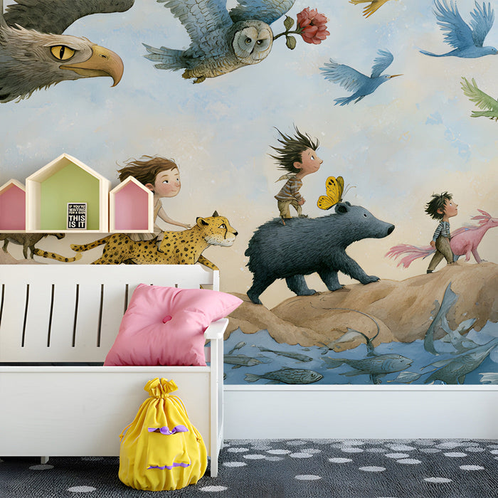 A cozy child's playroom with the adventure mural above a bed, creating a dreamy and artistic reading corner.