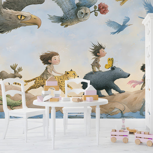The storybook wildlife mural installed in a charming nursery with soft wooden crib and neutral decor.