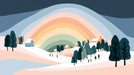 A flat illustration of a snowy landscape with deep green pine trees, small houses, and a layered pastel rainbow sky.