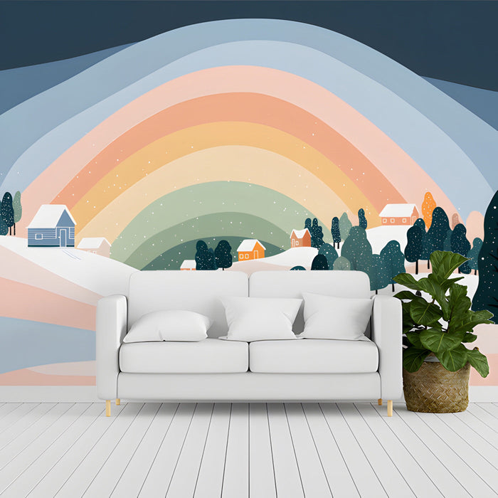 A cheerful study wall featuring the snowy winter scene with pastel rainbow colors and stylized trees.