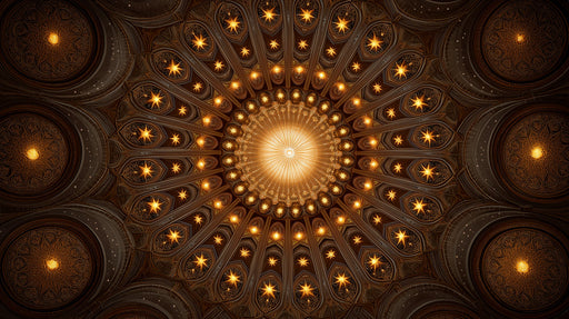 Ornate celestial dome mural wallpaper with glowing gold stars on a dark charcoal architectural background