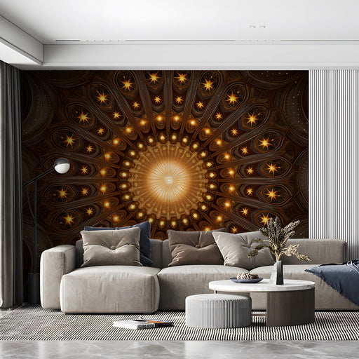 A sophisticated entryway with a deep charcoal and gold celestial dome mural making a bold first impression