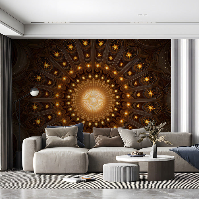 A sophisticated entryway with a deep charcoal and gold celestial dome mural making a bold first impression