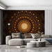 A sophisticated entryway with a deep charcoal and gold celestial dome mural making a bold first impression