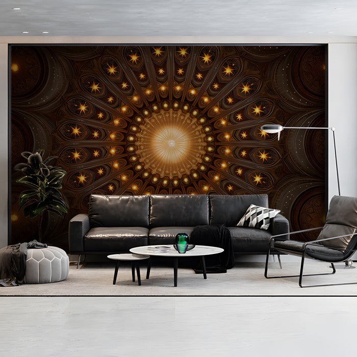 A grand formal living room featuring a dark celestial ceiling mural as a dramatic focal point