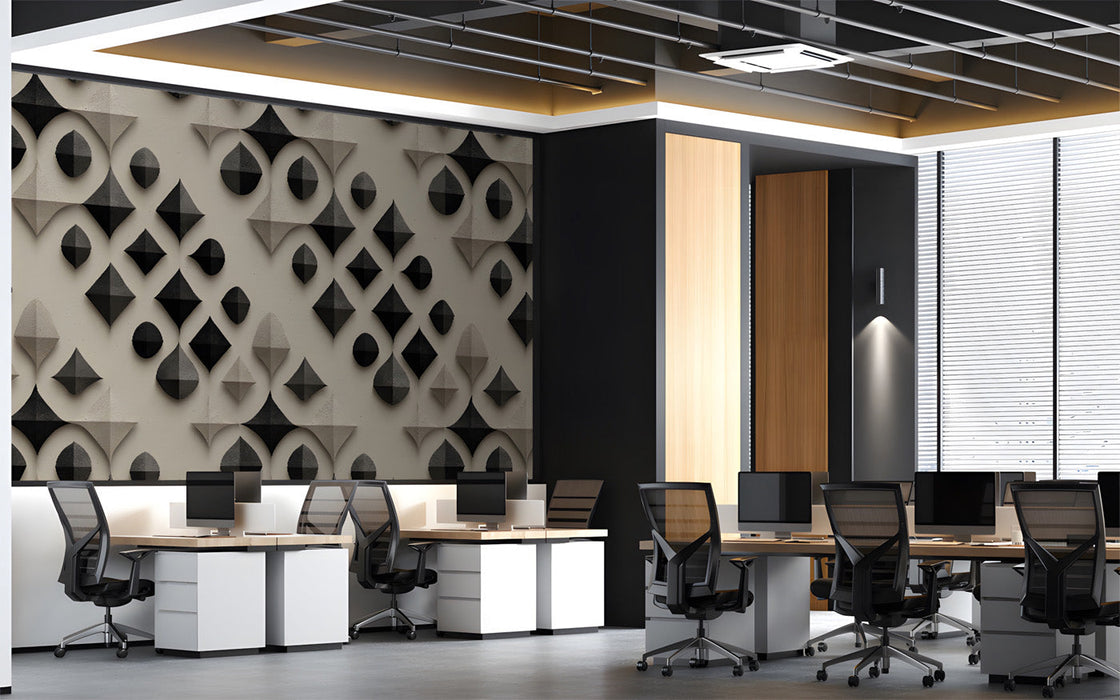 Geometric diamond wallpaper installed on a feature wall in a minimalist office room.
