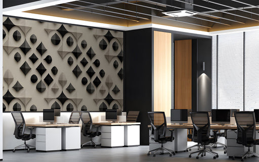 Geometric diamond wallpaper installed on a feature wall in a minimalist office room.