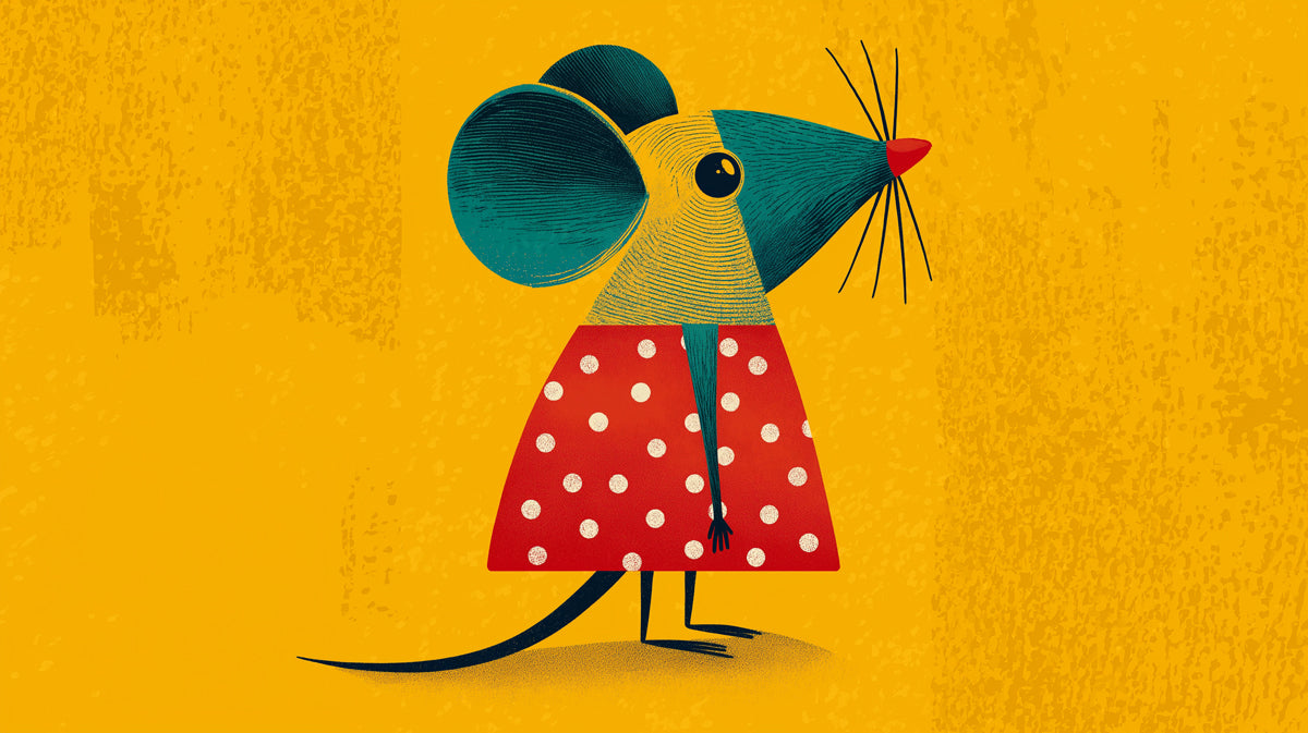 A graphic illustration of a mouse in a red polka dot dress on a textured ochre yellow background