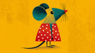 A graphic illustration of a mouse in a red polka dot dress on a textured ochre yellow background