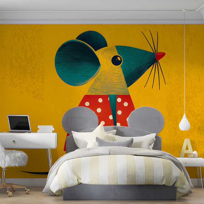Illustration of mouse character as wall decor in a modern, light-filled bedroom