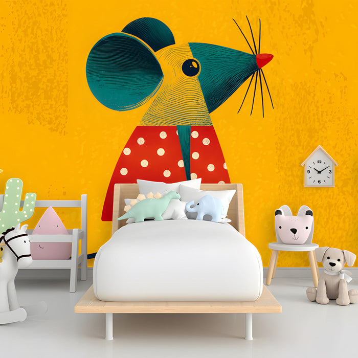 Whimsical mouse mural installed in a colorful child's nursery with wooden furniture