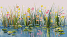 Impressionist style wallpaper featuring marsh flowers, tall green grasses, and water lily pads on a blue pond.