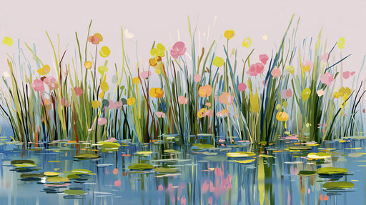 Impressionist style wallpaper featuring marsh flowers, tall green grasses, and water lily pads on a blue pond.