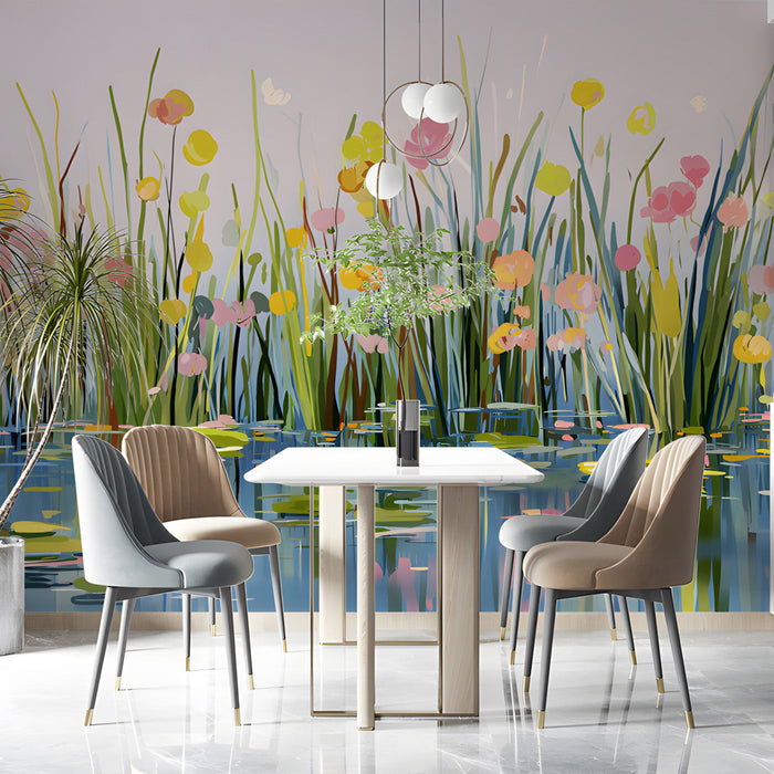 Abstract marsh pond mural adding a calm artistic backdrop to a dining room or creative studio.