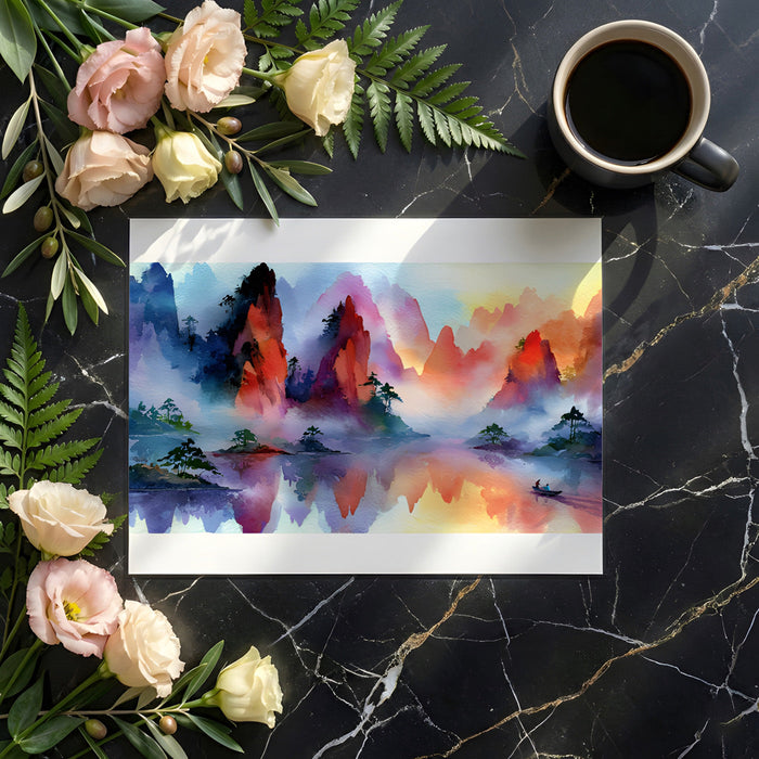 A serene living room featuring a sunset-inspired mountain landscape wallpaper