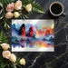 A serene living room featuring a sunset-inspired mountain landscape wallpaper