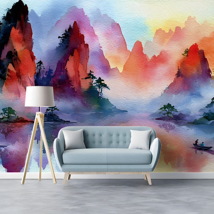 A minimalist entryway with a dramatic painterly mountain scene as an accent wall