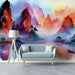 A minimalist entryway with a dramatic painterly mountain scene as an accent wall