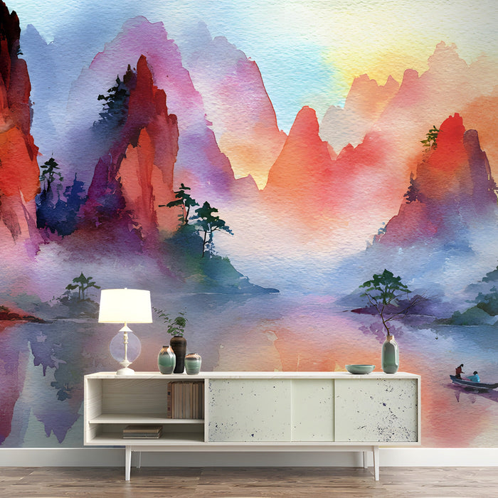 A cozy bedroom with a watercolor mountain mural on the headboard wall