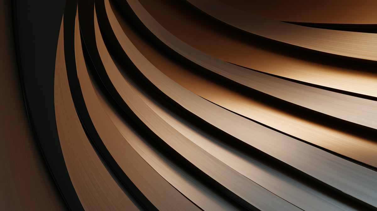 Abstract wallpaper pattern featuring sweeping dark charcoal and burnished bronze curved bands with a metallic sheen