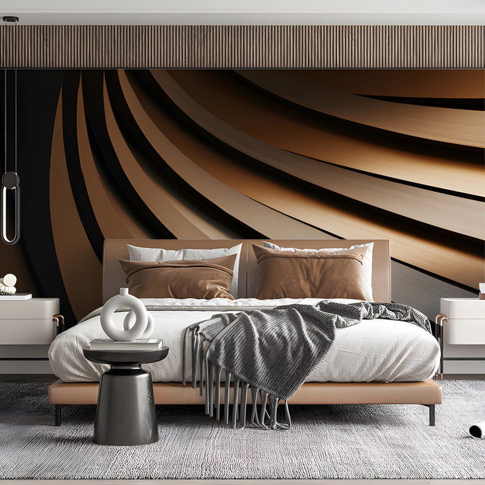 Contemporary bedroom with a sweeping bronze abstract wall mural paired with dark wood furniture