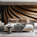 Contemporary bedroom with a sweeping bronze abstract wall mural paired with dark wood furniture