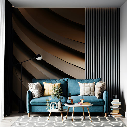 Modern living room featuring a curved bronze and charcoal abstract mural behind a sleek velvet sofa