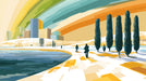 Stylized Mediterranean coastal city landscape with cypress trees and an amber and teal sky gradient