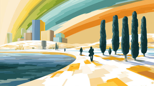 Stylized Mediterranean coastal city landscape with cypress trees and an amber and teal sky gradient