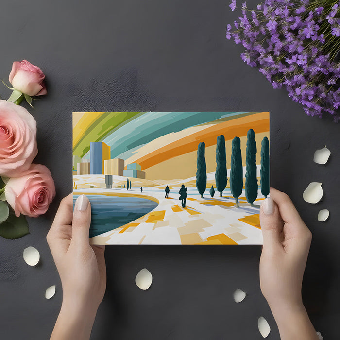 Artistic city and bay mural featured on a large office wall with mid-century modern furniture