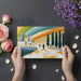 Artistic city and bay mural featured on a large office wall with mid-century modern furniture
