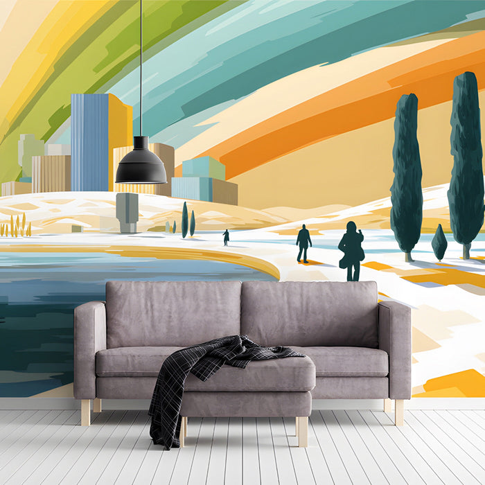 Mediterranean coastal art mural in a living room with white wooden table and chairs