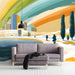 Mediterranean coastal art mural in a living room with white wooden table and chairs